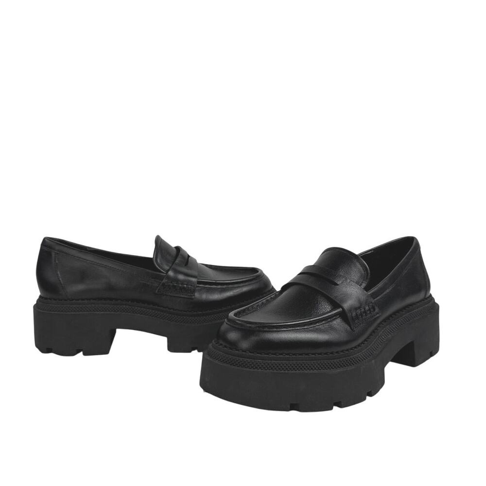 Zara Women's Black Leather Chunky Platform Slip On Loafers Shoes Size 8.5